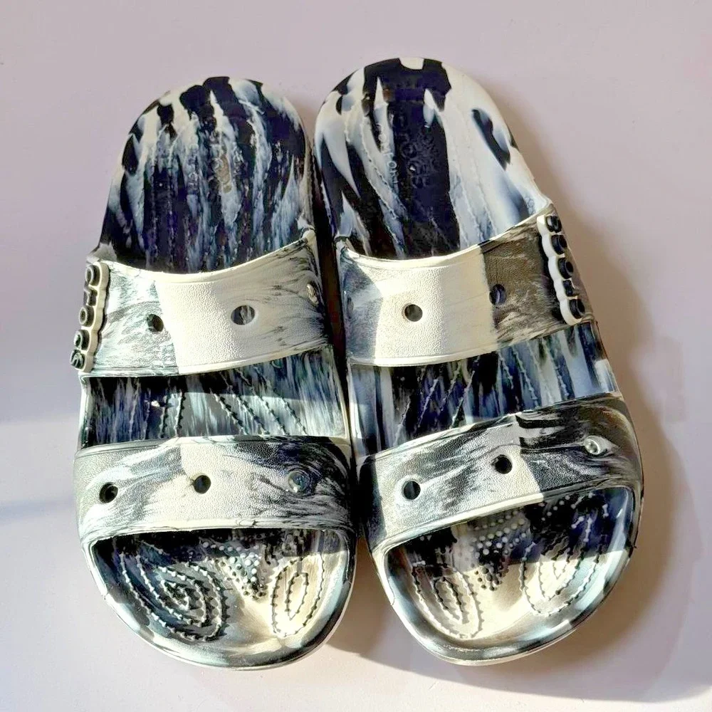 Crocs Classic Sandal Black White Marbled Slides Double Strap Mens 6 Womens 8